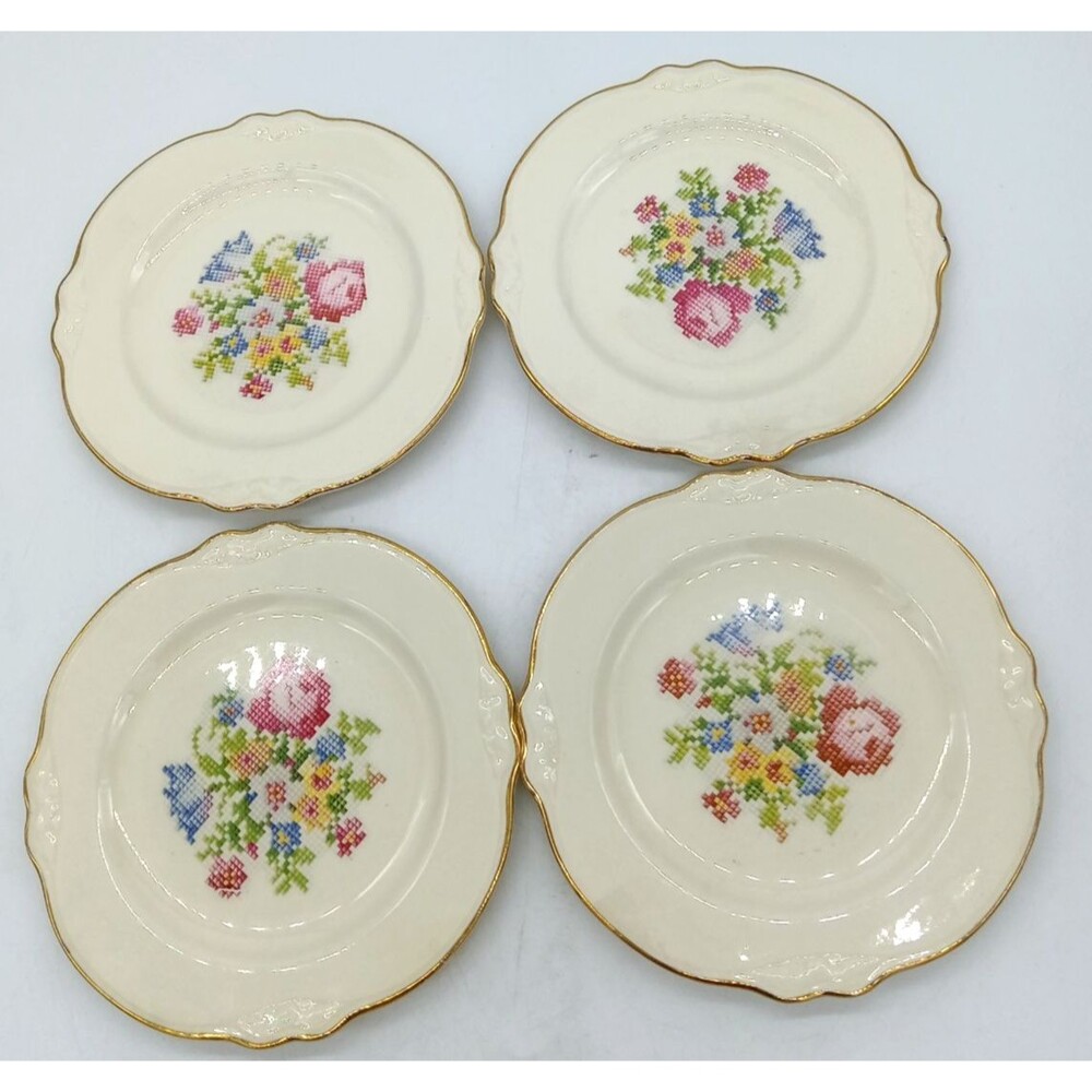Vintage Cunningham & Picket 4 Virginia Rose Petipoint Bread Plates 22K Gold Trim